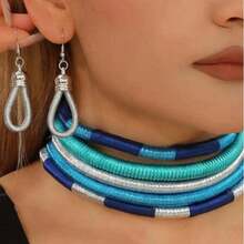 1 Set, African Wrapped Necklace Set, Handwoven Light Blue Multi-Layer Cord Necklace And Earrings - Baby Blue - View 6