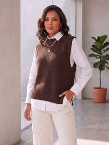 Women's Knitted Vest With Ribbed Crew Neck, Sleeveless, Casual And Elegant Knitwear For Autumn/Winter - 鏽棕色 - 查看 3