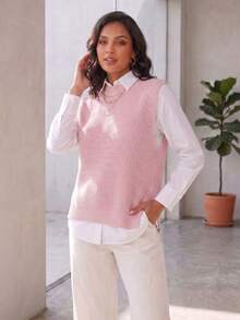 Women's Knitted Vest With Ribbed Crew Neck, Sleeveless, Casual And Elegant Knitwear For Autumn/Winter - 沙 - 查看 9