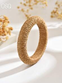OOQ 1pc Minimalist Style Raffia Plain Hoop Bracelet For Women, Elegant Fashion Simple Casual Versatile Bangle, Suitable For Daily Commute, Gatherings, Holidays, Gifts (Handmade Raffia Weaving, Random Direction And Shape) - Khaki - View 4