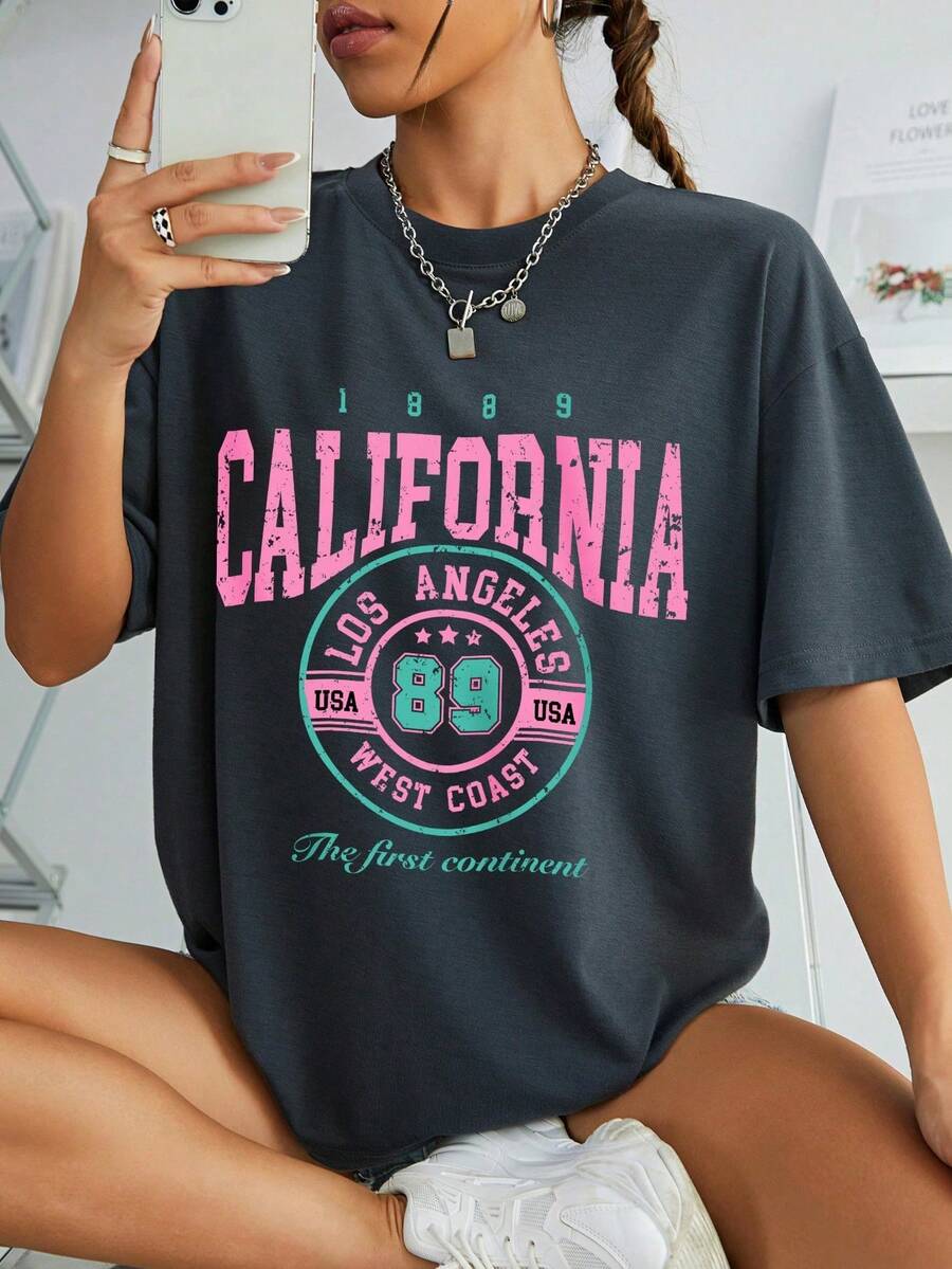 Graphic Lettering T-Shirt With Dropped Shoulders, Graphic Blouses For Women - 黑色 - 查看 1