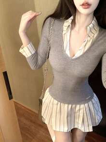 Women's Summer French Polo Shirt Collar Sleeveless Slim Shirt Dress With Belt, Elegant Style. - Grey - View 8