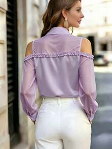 Blus Satin Wanita, Kemeja Lengan Panjang Berkancing Depan, Tidak Melar, Potongan Reguler, Cocok untuk Musim Panas, Semi, dan Gugur - Mauve Purple - View 2