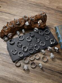 3/6/9/12/16pcs Minimalist Stainless Steel Men's Rings, Hollow Chain Faux Pearl Geometric Open Band Rings, Versatile Daily Jewelry, Random Style, Adjustable Size - Silver - View 3