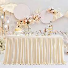 1pc White Polyester Table Skirt, Fits 72inch/183cm Rectangular Tables, Wrinkle-Resistant And Easy To Clean Ruffled Tablecloth, Suitable For Birthday Cake Tables, Banquets, Weddings, Bridal Showers, And Various Party Celebrations - White - View 19