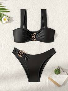 New 2026 Model: New Two-Piece Bikini With Metallic Accessory And Solid Color For Women, Beach Swimsuit With Opening - Black - View 3