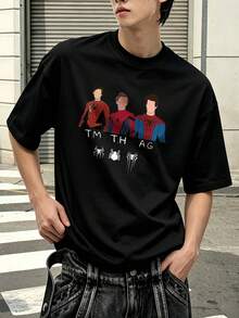 Marvel Spider-Man Trio Design TM TH AG Graphic T-Shirt 100% Cotton Men's Clothing Loose T-Shirt Summer Holiday Outfits Marvel Series Men's Gifts Streetwear - 黑色 - 查看 3
