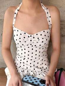 Áo tank top nữ Kliou mùa hè họa tiết chấm bi, cổ yếm khoét sâu, băng quấn, bèo nhún, hở lưng, sát nách, dáng ôm skinny, áo vest cơ bản phong cách clubwear - trắng - Xem 5