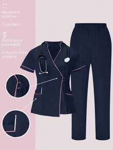médicos: Parte superior de cuello en V de manga corta y pantalones para trabajadores de la salud - Azul marino 3 - Ver 1