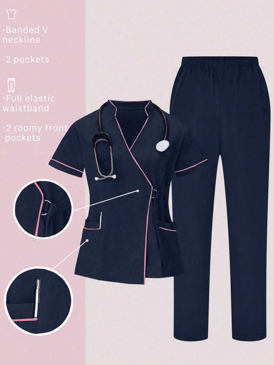 médicos: Parte superior de cuello en V de manga corta y pantalones para trabajadores de la salud - Azul marino 3 - Ver 1