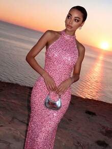 Elegant Sparkly Backless Dress For Women, Romantic Party, Wedding, Graduation, Formal Occasion Pink Fall - Pink - View 4