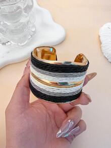 1pc Raffia Woven Metal Open Cuff Bracelet, Bohemian Style Color Block Bangle, Vintage Versatile Accessory For Daily Commute, Office, Afternoon Tea With Friends, Beach Vacation, Spring Outings, Minimalist / French / Commuter Style - Black and White - View 7