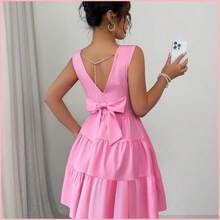Vestido de mujer unicolor con cuello redondo, sin mangas, con cintura ajustada, decoración de lazo y falda de patinadora - Azul - Ver 5