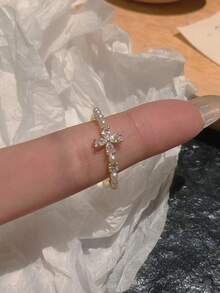 時尚鋅合金樹脂十字架戒指，閃亮水鑽與珍珠裝飾開口戒圈，女性個性化可調節飾品 - 金色 - 查看 5