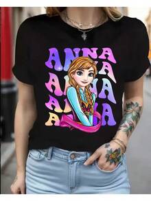 Disney Frozen Anna Women T Shirt Casual Black Short Sleeve Crew Neck Top Featuring Gradient Name Print - 黑色 - 查看 2