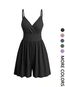 Women's Short Backless Crossover Cami Jumpsuit, Casual Jumpsuit With Adjustable Spaghetti Straps And Wide Leg, Summer Outfits 2024, Women's Everyday Wear Clothing - 黑色 - 查看 1