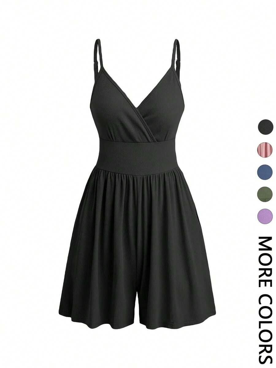 Women's Short Backless Crossover Cami Jumpsuit, Casual Jumpsuit With Adjustable Spaghetti Straps And Wide Leg, Summer Outfits 2024, Women's Everyday Wear Clothing - 黑色 - 查看 1