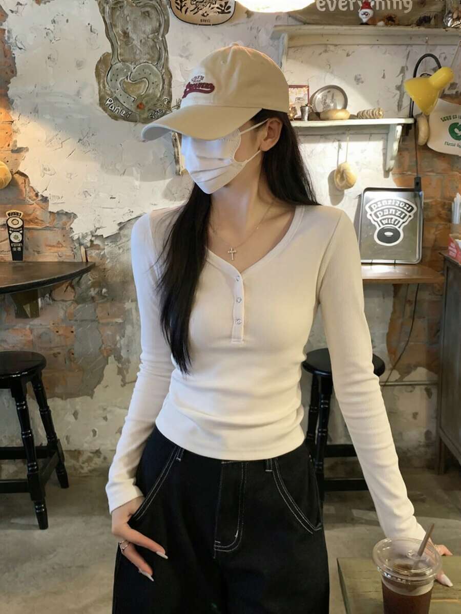 Women's V-Neck Long Sleeve Solid Color Casual T-Shirt - White - View 1