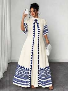Vestido de 2 en 1 con estampado geométrico bohemio y lazo para mujer de talla grande - Albaricoque 2 - Ver 1