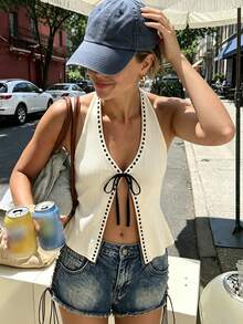 Summer Minimalist Knit White Women's Crochet Spaghetti Strap Top, Front Tie Contrast Trim, Vintage Bow Detail - White - View 5