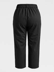 Calça Reta com Bolso Inclinado de Cor Sólida Plus Size Feminina, Calça Versátil para Escritório, Fácil de Criar Look Casual para o Dia a Dia Preto - Preto - Visão 6