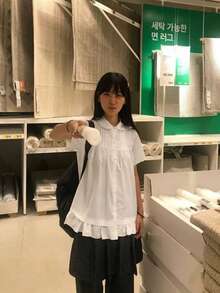 韓系甜美荷葉邊拼接短袖上衣，夏季白色，美學風格 - 白色 - 查看 1
