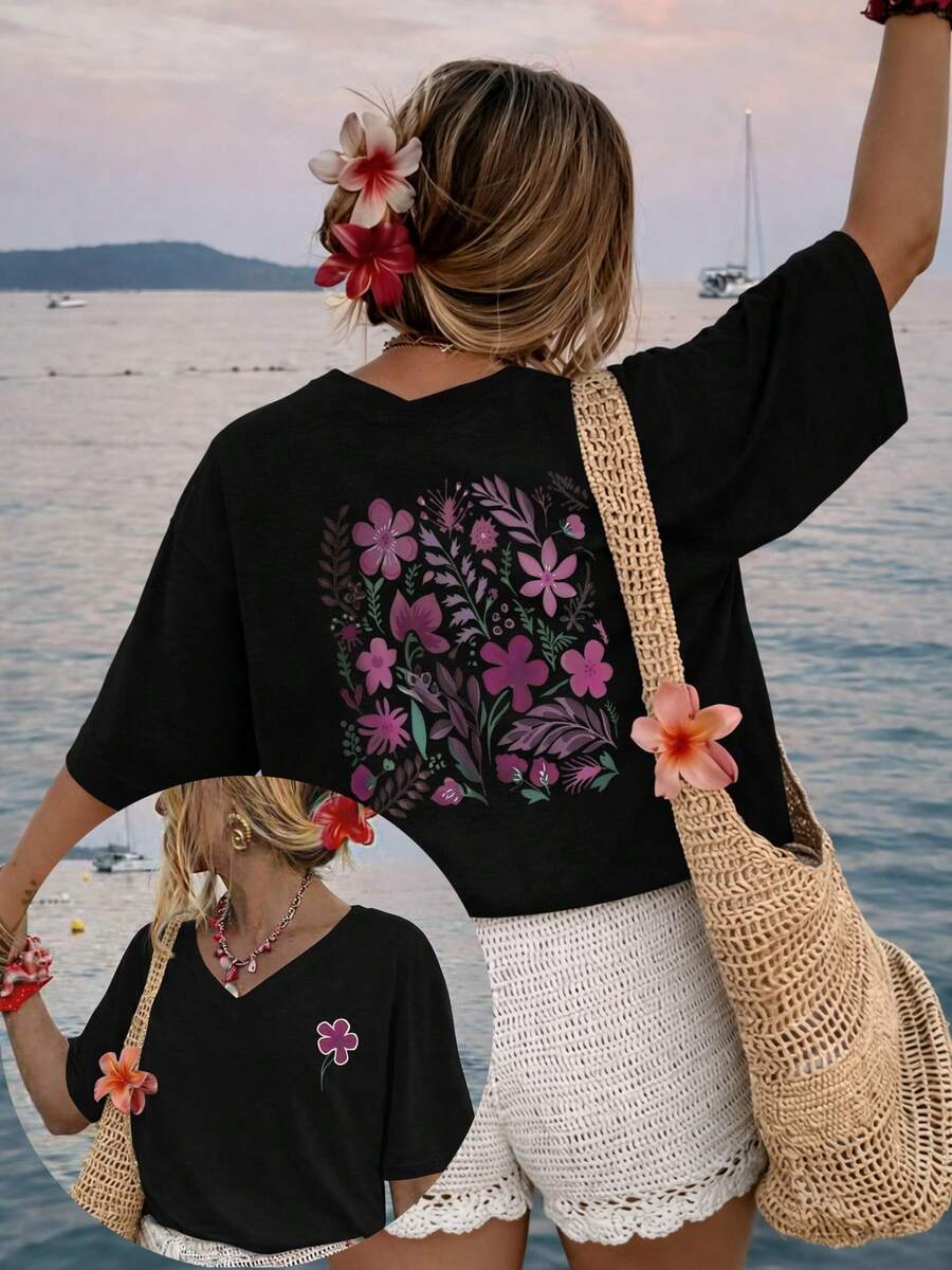 Women's Plus Size Short-Sleeved V-Neck T-Shirt, Double-Sided Floral Print, Loose Fit, Ideal For All Seasons, Casual, For Holidays And Everyday Wear. - 黑色 - 查看 1