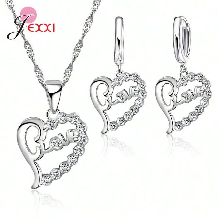 925 Sterling Silver Plating Necklace And Earring Set With Cubic Zirconia, Cross, Heart And Butterfly Design, Fashion Jewelry For Women. - 47901 - 查看 1