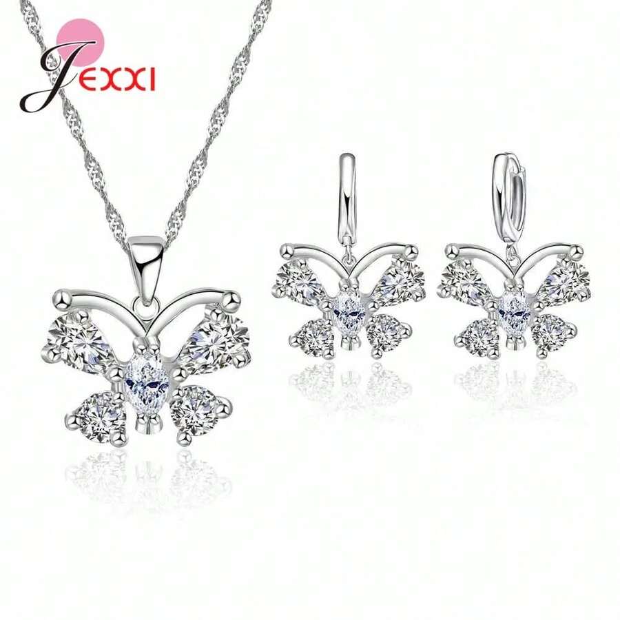 925 Sterling Silver Plating Necklace And Earring Set With Cubic Zirconia, Cross, Heart And Butterfly Design, Fashion Jewelry For Women. - 38201 - 查看 1