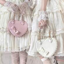 Bolsos de mano de PU con forma de corazón para niñas, decoración con lazos, bolsos de hombro japoneses, monederos de concha Kawaii de dos tamaños, bonitos bolsos de mensajero rosas, regalos - Rosa pequeño - Ver 7