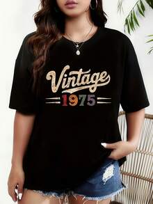 Weihnachts-Damen Vintage 1975 Distressed-Shirt - Weiches Retro Kurzarm Rundhals T-Shirt mit -Linie Regular Fit, Hot Item - Schwarz - Übersicht 1