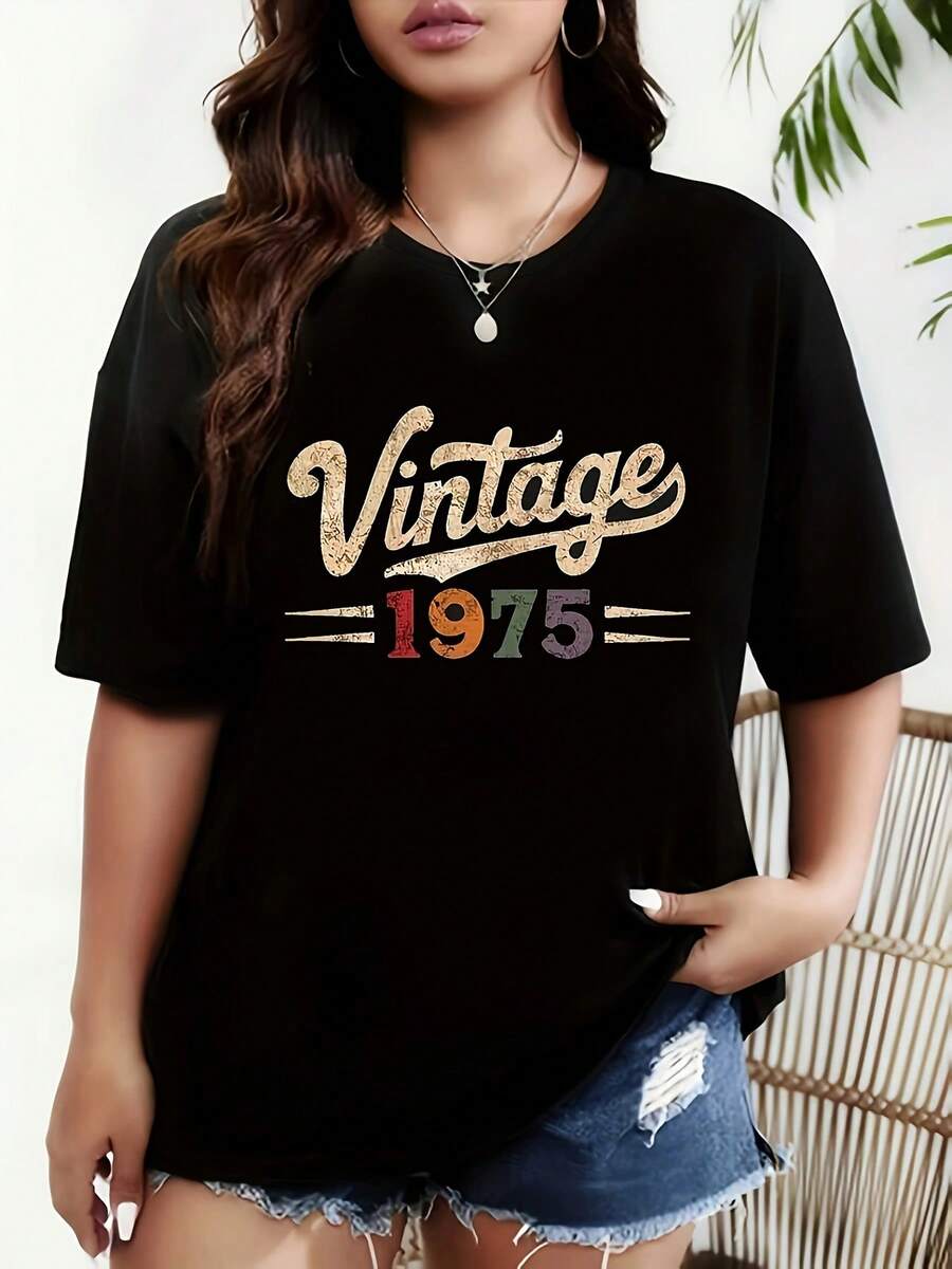 Weihnachts-Damen Vintage 1975 Distressed-Shirt - Weiches Retro Kurzarm Rundhals T-Shirt mit -Linie Regular Fit, Hot Item - Schwarz - Übersicht 1