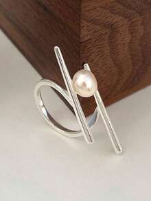 1pc Unique Creative Chopstick Shaped Pearl Ring, Elegant High-End Adjustable Open Ring, Fashionable Accessory - Silver - View 3