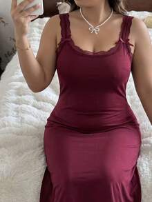 Spring/Summer Plus Size Women's Mid-Length Lace Trim Bow Red Spaghetti Strap Nightgown, Wide Strap, Lightweight And Soft - Red - View 4