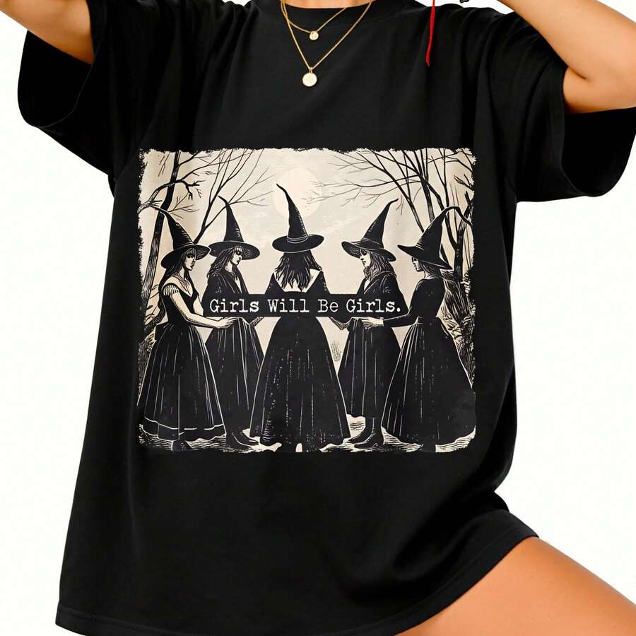 "Girl Will Be Girl Fem Inist" Slogan T-Shirt - Fun Witch Design, 100% Unisex Adult T-Shirt With 4 Witches And Slogan Print, Casual Short Sleeve Crew Neck T-Shirt - 黑色 - 查看 1