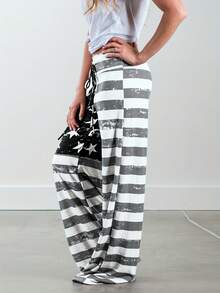 Nuevo modelo 2026:Pantalones con estampado de la bandera estadounidense y estilo casual de pierna ancha. - Albaricoque - Ver 7