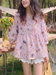 YUXIN 夏季新款宽松甜美七分袖圆领娃娃衫，时尚蝙蝠袖碎花衬衫 - 淡紫色 - 查看 7