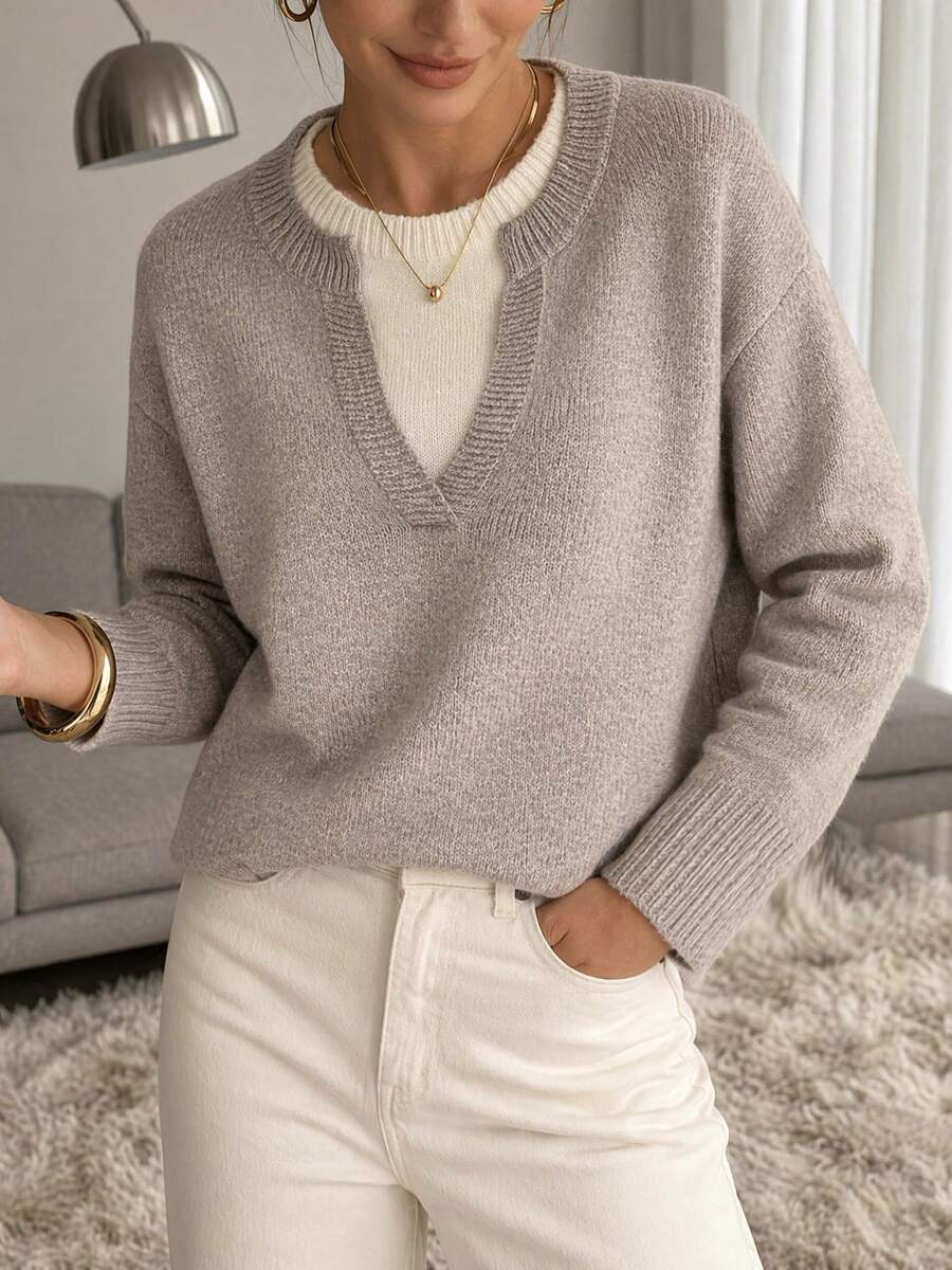 Mature Style 2-In-1 V-Neck Knitted Sweater, Loose Fit Soft Cozy Knit Top For Autumn/Winter, Elegant Office Commute Versatile Blouse - Oatmeal Ash - View 1