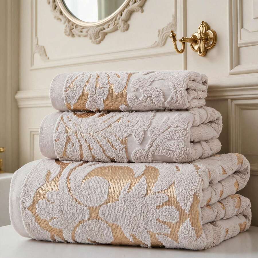 4PCS Floral Jacquard 100% Cotton Reversible & Decor For Bath/Kitchen/Spa & Gift, 2pcs Bath Towel 2pcHand Towel Set, - Beige - View 1