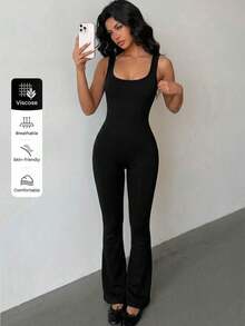 Women's Ribbed Square Neck Backless Ruched Butt-Lifting Flare Leg Jumpsuit - Stretchy Slim Fit Summer Outing Set Black - Black - View 1