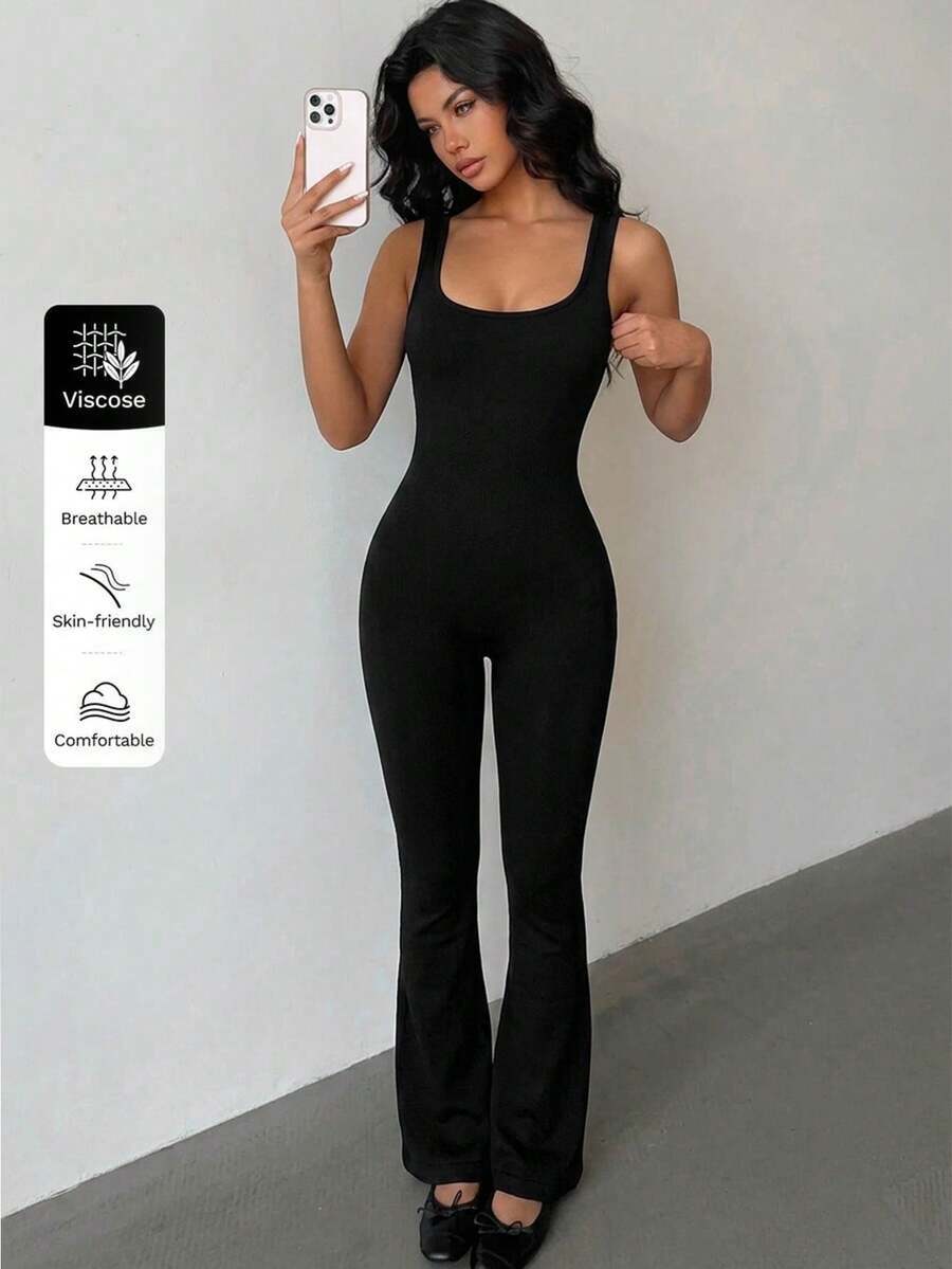 Women's Ribbed Square Neck Backless Ruched Butt-Lifting Flare Leg Jumpsuit - Stretchy Slim Fit Summer Outing Set Black - Black - View 1