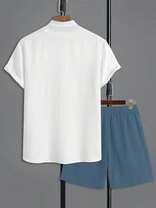 Men's Plus Size Fashion 2pcs Set Solid Color Contrast Collar Open Front Casual Minimalist Versatile Daily Outing Summer Bestseller Preppy Classic Commuter Short Sleeve Shirt And Shorts Set - Blue - View 7