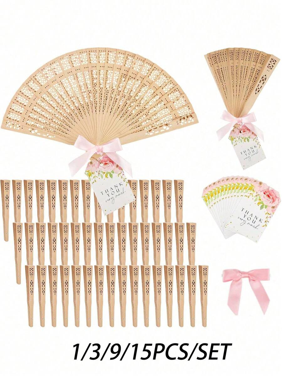 1/3/9/15PCS/SET Wooden Hand Fan Sandalwood Wood Handheld Folding Fans With Ribbon Thank You Tag For Wedding Guests BabyShower Birthday Bridal Gifts Party Favors - Multicolor - View 1