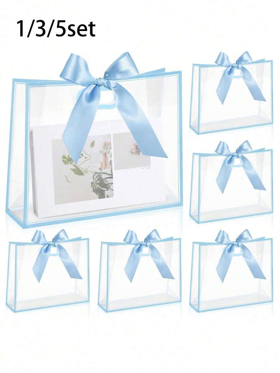Sacolas de Presente de Plástico Transparente Reutilizáveis com Alças Vazadas, Adequadas para Dia das Mães, Casamento, Formatura, Chá de Panela, Chá de Bebê, Decoradas com Fitas - azul - Visão 1
