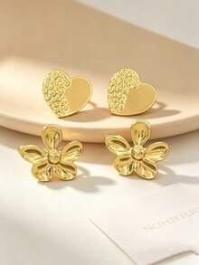 2 pares de pendientes de botón elegantes de acero inoxidable dorado con forma de corazón & flor para mujeres, hipoalergénicos, adecuados para uso diario, vacaciones, viajes, aretes de acero inoxidable - Multicolor - Ver 6