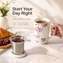 - Taza de t de porcelana con infusor y tapas, colador de taza de caf de 18 onzas con soporte para bolsa para t de hojas sueltas, taza de caf para inauguracin de la casa, regalo de - Rosado - Ver 4