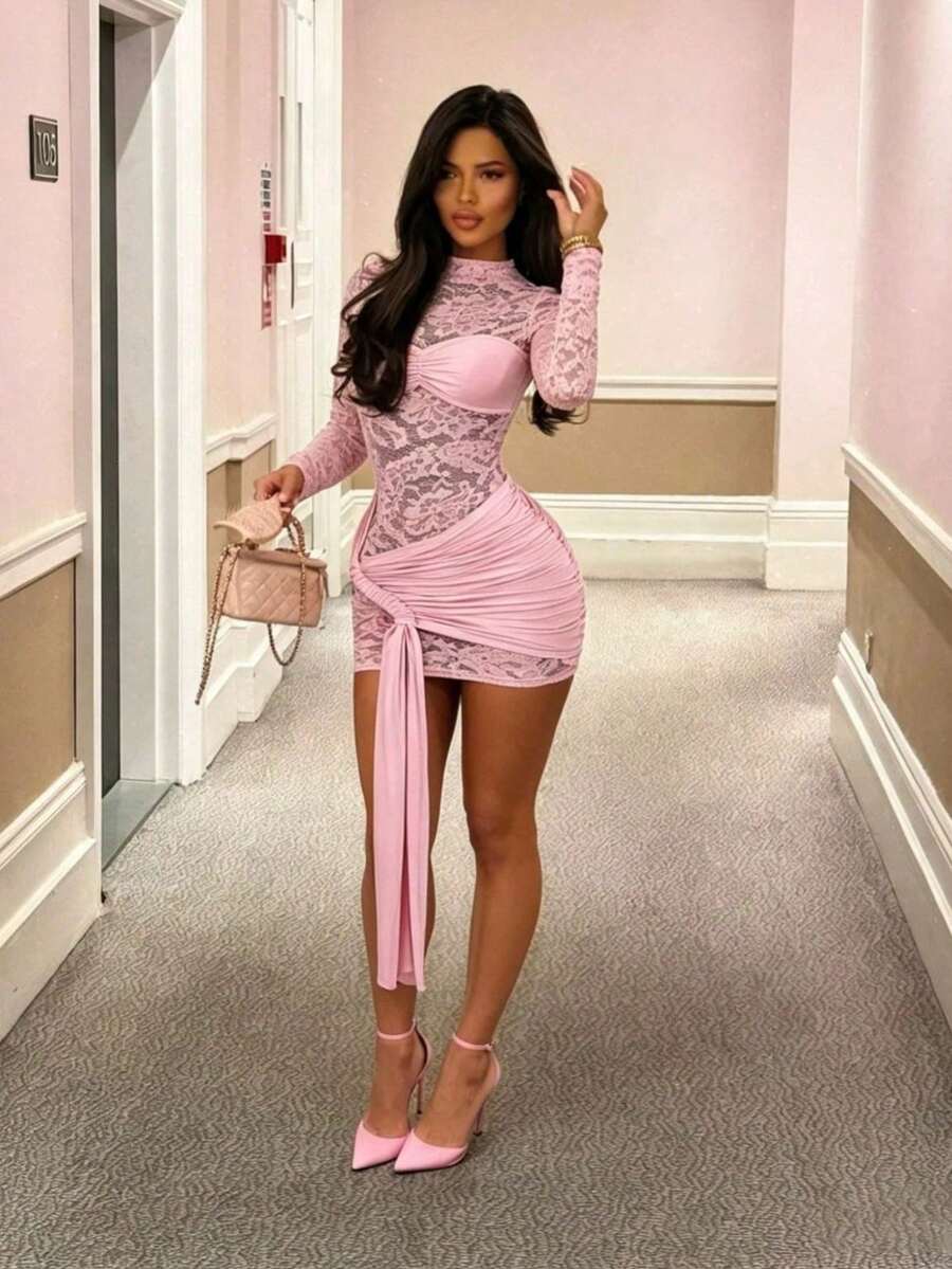 Vestido Encaje Transparente Cintas Ajustado Corto - Rosa - Ver 1