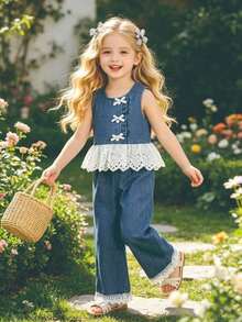 2pcs/Set Girls' Casual Solid Color Sleeveless Top With Ruffle Bow Decor And Straight Leg Pants Spring/Summer Euro Summer - Blue - View 1