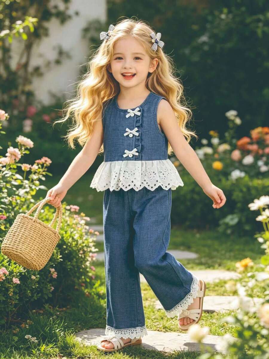 2pcs/Set Girls' Casual Solid Color Sleeveless Top With Ruffle Bow Decor And Straight Leg Pants Spring/Summer Euro Summer - Blue - View 1