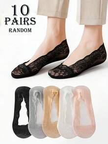 5/10 Pairs Random Spring/Summer Women's Fresh Multi-Color Lace Pattern Mesh Breathable Invisible Boat Socks, Fashionable For Daily Wear And Commuting - Multicolor - View 13